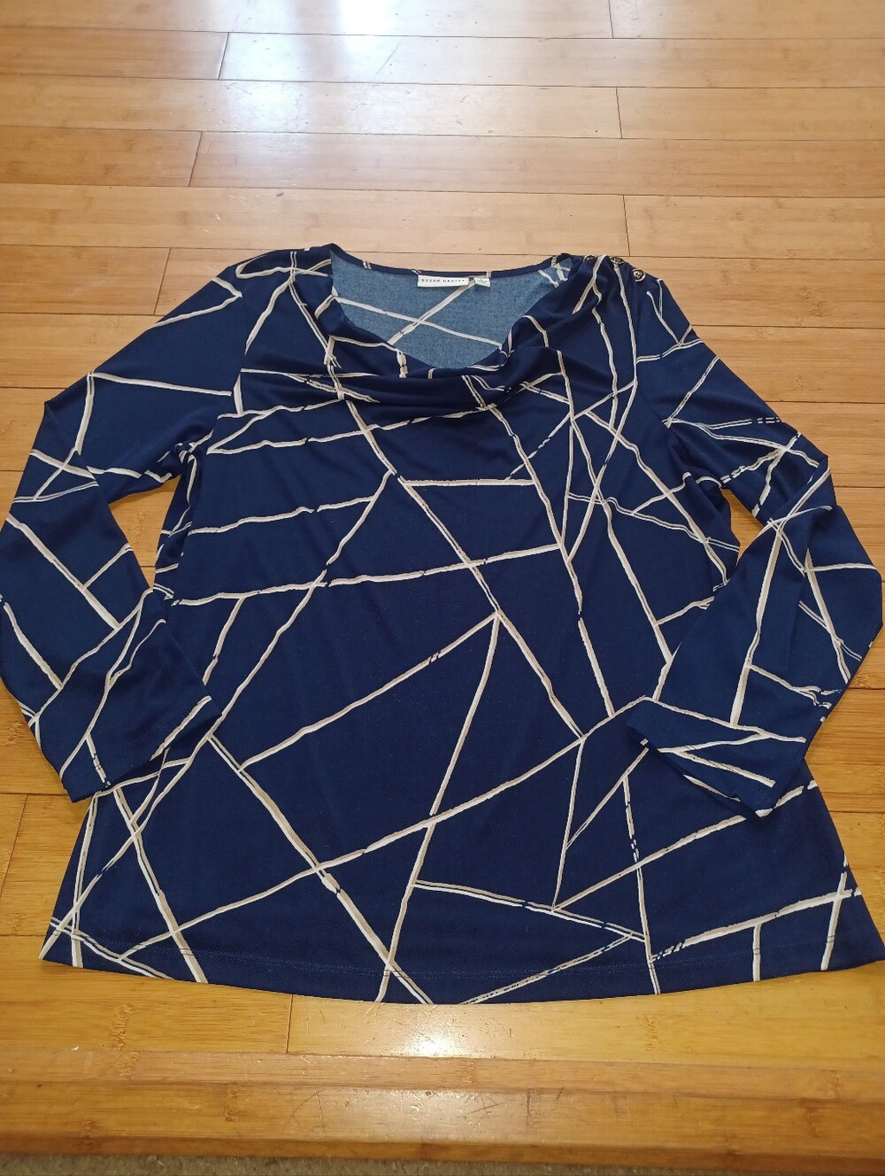 Susan Graver Navy Geometric Cowl Neck Long-Sleeve Top